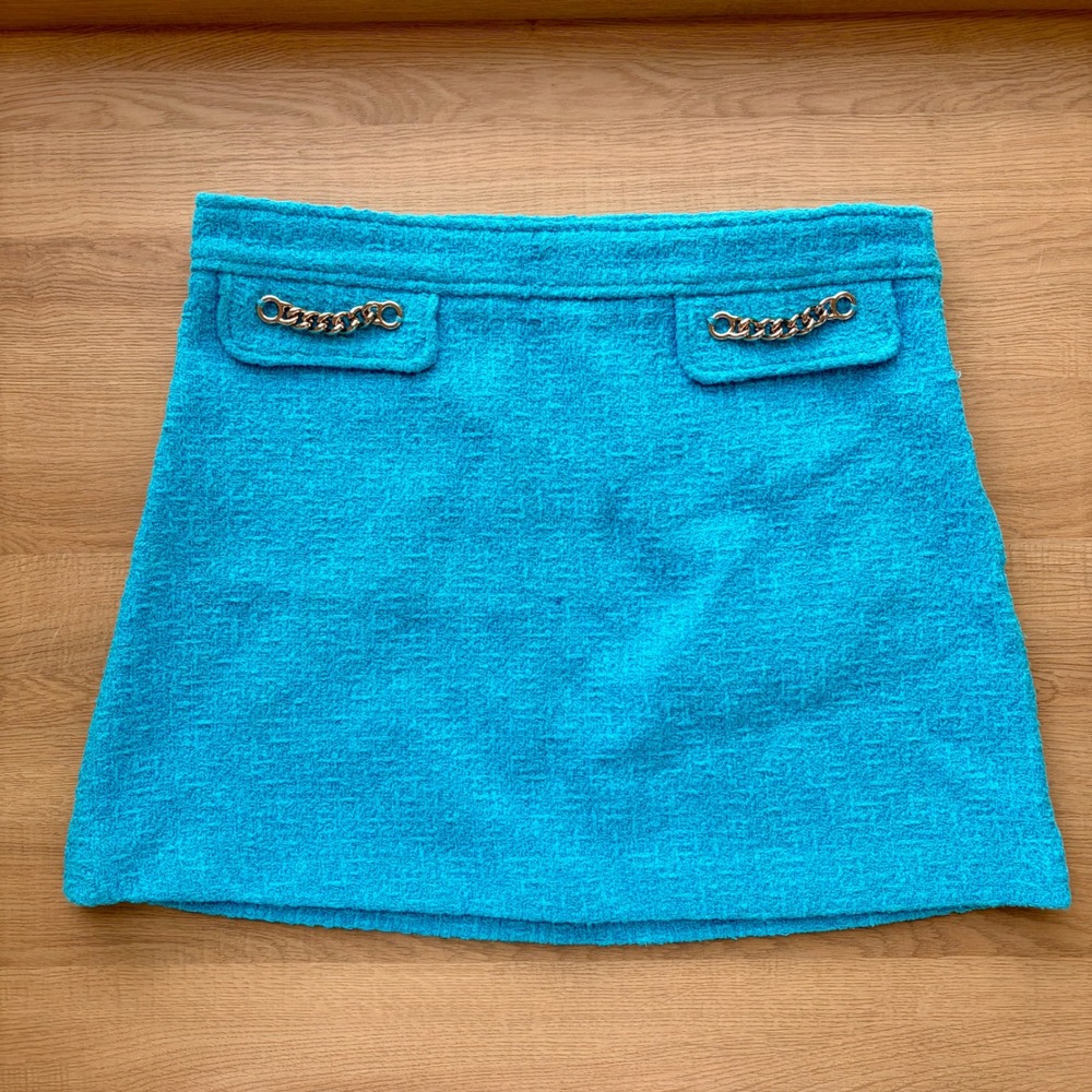 Zara Turquoise Blue Tweed Chain Link Mini Skirt Size Medium A-Line Boucle